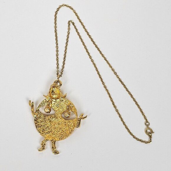 Vintage Smiley Face Rhinestone Pendant Necklace Dangle Eyes Cowboy Hat Gold Tone - Picture 7 of 13